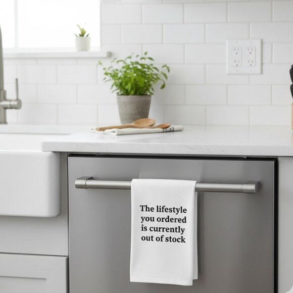 NWT "Lifestyle You Ordered is Out of Stock" Cotton Tea Towel | Funny  Gift - Picture 2 of 5